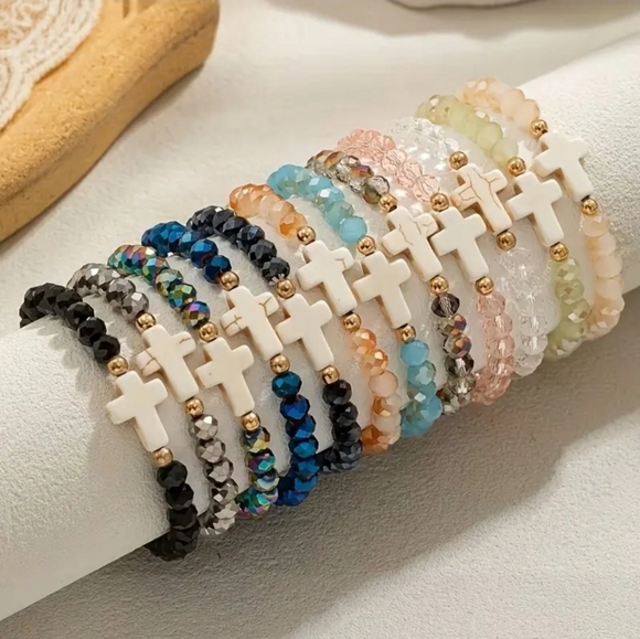 Hand Crafted Jewelry - GORGEOUS CRYSTAL CROSS STRETCH BRACELETS. BEAUTIFUL COLORS AND SPARKLE. U PICK